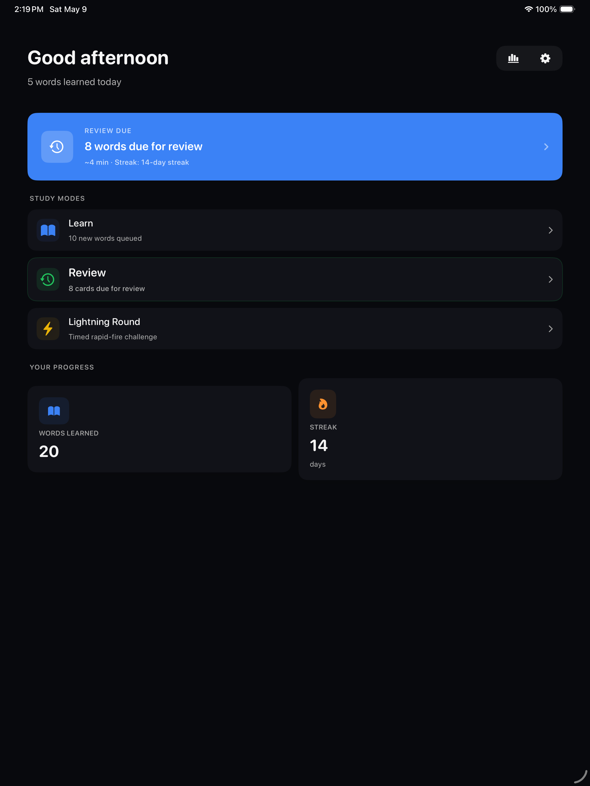 WordRush iPad dashboard