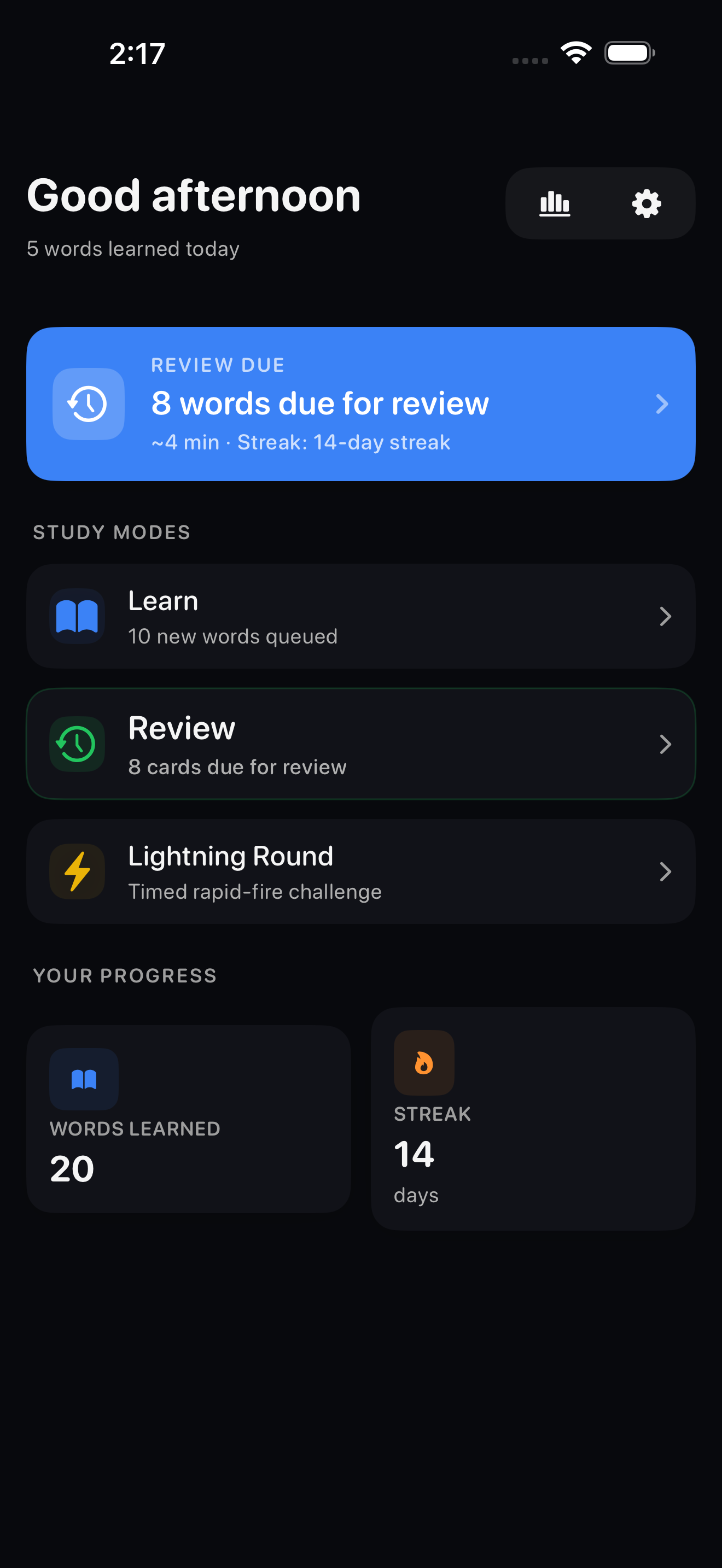 WordRush dashboard screen on iPhone